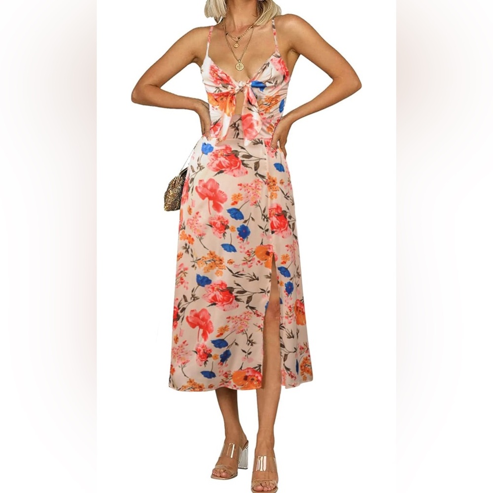 Small Women Spaghetti Strap Midi Satin Tie Front Split Dress